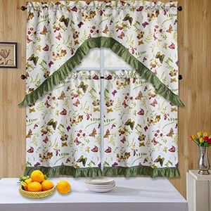Kashi Home 3 Piece Kitchen Curtain Swag Set, Two Tiers & Ruffled Swag Decorative Window Treatment, Rod Pocket Butterfly & Flowers Printed Design Anita