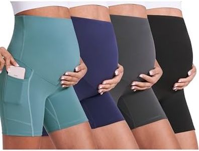 Enerful 4Pack Women's Maternity Yoga Shorts Over The Belly Comfy Workout Running Active Biker Pregnancy Pants with Pockets 5",Black Blue Grey Navy X-Large