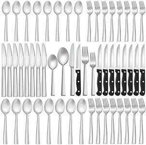 LIANYU 48-Piece Matte Silverware Set with Steak Knives, Stainless Steel Flatware Cutlery Set for 8, Square Eating Utensils Tableware Include Forks Knives Spoons, Dishwasher Safe