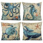 Mediterranean Nautical Outdoor Throw Pillow Covers Beach Coastal Sea Turtle Octopus Whale Seahorse Cushion Cases Decorative Ocean Decor for Couch Patio Furniture 18x18 Inch Set of 4