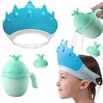 Baby Shower Cap Shield, Baby bath set shower cap/water cup/massage brush,Visor Hat for Eye and Ear Protection for 0-9 Years Old Children,Cute Crown Shape Makes the Baby Bath More Fun (Blue)