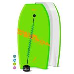 Own the Wave 33 Inch Body Board Pack with EPS Core and HDPE Slick Bottom - Lightweight and Buoyant Perfect for Surfing - Comes with Coiled Leash and Swim Flippers Savers (Green & Orange)