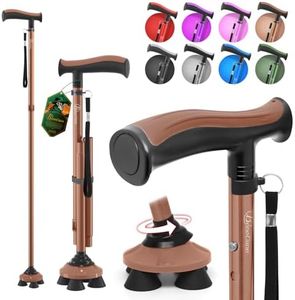 BeneCane Walking Cane for Men & Women Walking Stick for Seniors Folding Canes Quad Cane Adjustable Lightweight Sturdy Free Standing Collapsible Heavy Duty with Soft TPR T-Handle and Travel Bag (Brown)