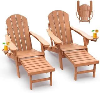 GREENVINES Adirondack-Chairs-with-Ottoman | Set of 2 | Folding | Retractable-Footrest | HDPE Plastic | All Weather Fire Pit Chair | Cup Holders | Teak | for Outdoor Poolside
