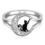 Black Cat ring Celtic Knot Crescent Moon Cat Sterling Silver Thumb Ring Matching Rings for Women Girls Cute Kitty Animal Pentagram Pentacle Halloween Cats Lover Gifts Size 7