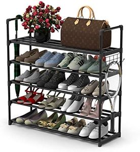 Hsscblet 5 Tiers Metal Shoe Rack,Adjustable Shoe Shelf Storage Organizer with Hooks,Stackable Boot & Shoe Storage,for Entryway,Hallway,Closet,Black