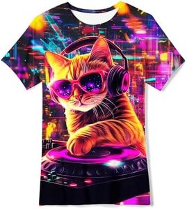 Boys Neon T Shirt 9t 12t Funny DJ Cat Tee Shirt Casual Short Sleeve Shirts Tops for Party 9-12 Years