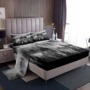 Wolf Printed Bed Sheet Set Kids Misty Woods Sheets Set 4pc Natural Landscape Microfiber Soft Bedding Set,1 Flat Sheet,1 Deep Pocket Fitted Sheet,2 Pillow Cases（King Size）
