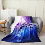 Erosebridal Dolphin Throw Blanket for Kids Boys Girls,Coastal Animal Fleece Blanket Twin 60x80,Moon Night Ocean Waves Fuzzy Blanket Sofa Bed Couch Decor,Purple Cherry Blossoms Flannel Blanket Warm