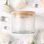 9 Pack Mandala Embossed Empty Glass Candle Jar with Bamboo Lid and Labels- 10oz (Clear)