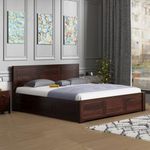 MUSTOOK Sheesham Wooden Bed Queen Size Bed with Storage | Wooden Double Bed Cot Bed with Box Storage and Headboard for Bedroom | Rosewood, Walnut Finish