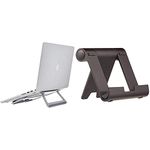 Amazon Basics Aluminium Foldable Laptop Stand for Laptops up to 15", Silver & Multi-Angle Portable Stand for Tablets, E-readers and Phones - Black