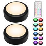 BLS LED Puck Lights with Remote, RGB 13 Color Changing Under Cabinet Lighting Wireless, AA Battery Operated, Tap, Touch, Push Stick on Lights for Closet, Kitchen, Night, Dimmer & Timer, Black, 2 Pack