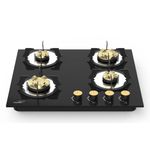 V-Guard VHD 460 AGR Kitchen Gas Hobtop 4 Burner with Auto Ignition/Brass Burners/Heat Resistant Toughened Black Glass/Matt-finish Pan Support