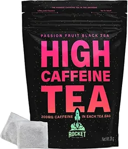 High Caffeine Tea - Highly Caffeinated Passion Fruit Black Tea - Natural Blend, High Energy Tea, Coffee Alternative With 200mg Caffeine, Herbal Tea Coffee Substitute, Pack of 14 Biodegradable Tea Bags by Rocket Tea
