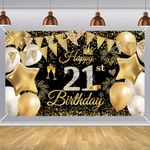 180 * 110cm Happy 21st Birthday Banner Boy Gril,Black Gold 21st Birthday Decorations Backdrop Fabric 21st Birthday Sign Poster Birthday Photo Background for Her Him 21 Birthday Anniversary Party