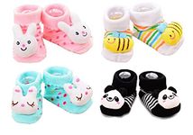 SHOP FRENZY kids unisex 3d face anti skid cotton booties for baby boy and girl (0-6 months) (Combo for 4) (Assorted Design)