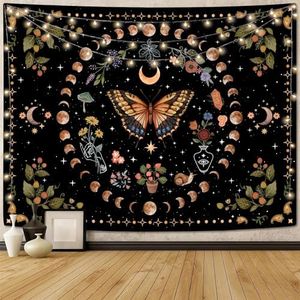 Aipon Yellow Butterfly Moon Flower Tapestry Botanical Floral Plant Boho Tapestry for Bedroom Aesthetic Vintage Tapestries Wall Hanging for Living Room Dorm (36.00'' × 48.00'', Yellow)