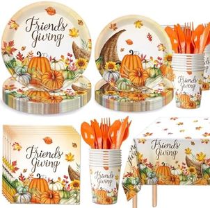 169PCS Friendsgiving Party Supplies Thanksgiving Disposable Dinnerware Set Paper Plates, Napkins, Cups, Cutlery, Tablecloth for Thanksgiving Party Decorations, Serve 24