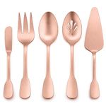 Matte Copper Serving Utensils Set of 5, E-far Stainless Steel Serving Spoons, Slotted Serving Spoon, Serving Fork, Butter Spreader, Pie Server for Parties, Wide Handle & Thick Gauge, Dishwasher Safe