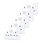 JIMEIDA 5 Pack White Double Switched Power Socket with USB A and Type C Charging Ports 13 Amp Crystal Glass Panel Wall Outlet Electric Socket