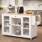 ROCCO Walky Kitchen Island Storage Cabinet with Wheels, Solid Rubber Wood Top, Fluted Acrylic Doors, Built-in Power Sockets & LED Lights, Soft-Close Hinges & Side Organizer (White, Large & Extendable)