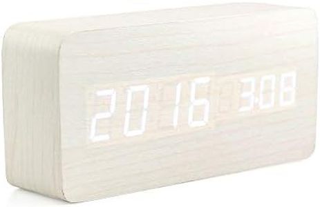 Oct17 Wooden Digital Alarm Clock, Wood Fashion Multi-Function LED Alarm Clock with USB Power Supply, Voice Control, Thermometer - White