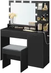 VASAGLE Vanity Desk with Mirror and Lights, 43.3-Inch Wide Makeup Vanity with Upholstered Vanity Stool, Power Outlets, Dimmable LED Lights, Storage Drawer, for Bedroom, Ink Black URDT628B01