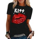 PESION Womens Short Sleeve T-Shirt Sequined Tops O-neck Funny Graphic Tees Blouse, Black+ Kiss, Medium