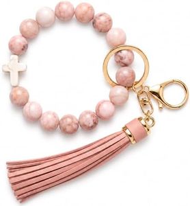 Elystara Pink Stone Cross Keychain Wristlet for Women, Beaded Keychain with Tassel, Key Ring Bracelet for Car Keys, Western Boho Bracelet Keychain with Natural Stone Look Beads