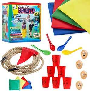 Outdoor Games for Kids and Adults 6 in 1 or 3 in 1, PE Sports Day Sack Race Flying Disc Tug of War Throwing Bean Bags Tin Can Alley Egg and Spoon Race Ring Toss (6 in 1)