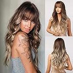 Kellynee Ombre Brown to Blonde Wig with Bangs - Long Wavy Wigs for Women, Realistic Synthetic Heat Resistant Hair, Best Natural Wigs for Daily/Halloween/Party/Cosplay