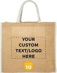 DISCOUNT PROMOS Custom Fresno Eco Friendly Jute Tote Bags Set of 10, Personalized Bulk Pack - Reusable, Great for Tradeshows, Grocery, Shopping and Outdoor Events - Light Beige