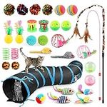 Oziral Cat Toys Set, 32 PCS Kitten Toys Assortments, Including 2 Way Black Tunnel Cat Feather Teaser Wand Sisal Mice Bell Balls Crinkle Balls, Interactive Cat Toys for Indoor Cats Kitten