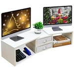 TEAMIX Dual Monitor Stand Riser with 2 Drawers - White Length and Angle Adjustable Monitor Stand with Storage Large Computer Monitor Stand for 2 Monitors/Laptop/PC, Wood Screen/TV Stand Desk Organizer