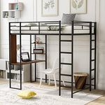 Merax Metal Loft Bed with 2 Shelves and one Desk, Twin Size Bed for Dorm, Boys & Girls, Teens, Kids, No Box Spring Needed, Black