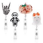 4pcs Halloween Retractable Badge Reel, Spooky Nurse ID Badge Holder with Alligator Clips Ghost Skeleton Pumpkin Fall Holiday Badge Holders for Nurse Doctors Teachers Students Gift