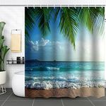 Tropical Sea Beach Shower Curtain for Bathroom Blue Sky Ocean Waves Shower Curtain Polyester Fabric Waterproof Hawaii Palm Leaves Curtain with 12 Hooks