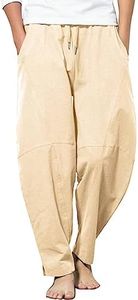 COOFANDY Men Drawstring Casual Loose Pant Stretchy Cotton Linen Harem Trousers Beige M
