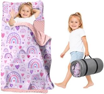 Duckbe Toddler Nap Mat with Pillow and Blanket for Daycare, Extra Thick Large 55"x22.5" Nap Mats for Preschool Kindergarten, Roll-Up Sleeping Mat for Girls, Easy Carry Travel Camping Slumber Bag
