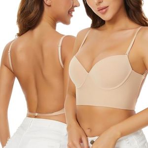 CHERRYSKY Women Low Back Bras-Seamless Invisible Backless Bra Lightly-Lined Multiway No Show Bras Low-Cut Halter Bra (Nude, 34D)