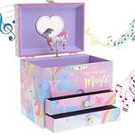 Jewelkeeper Musical Jewelry Box with 2 Pullout Drawers, Glitter Rainbow and Stars Unicorn Design, Over The Rainbow Tune