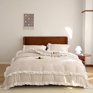 Jolusere Vintage Ruffled Fringe Duvet Cover Set King Size Beige Ruffled Comforter Cover Boho Duvet Cover White Ruffle,Farmhouse Rustic Soft Microfiber Bedding Set with Zipper Closure 3 Pieces Bed Set