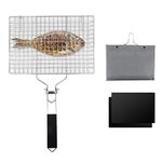 JJoexyfit Barbecue Grilling Basket, Portable Grill Basket Foldable Stainless Steel BBQ Grill Net with Grill Mat for Roast Fish, Shrimp, Vegetable, Steak, Meat