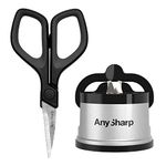 AnySharp Kitchen Knife & Mini Scissors Bundle, PowerGrip Suction, For Hardened/Serrated Knives & Thick Materials, Compact, Silver, Black