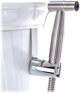 Bidet - Stainless Steel - Hand-Held Sprayer Attaches to Toilet - 59-Inch Hose Convenient for Additional Cleaning Activities - Three Pressure Levels - Toilet Hook Holder - Brushed Finish