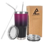 CherryKelly 30oz (850ml) Travel Tumbler Double Wall Vacuum Insulated Coffee Mug Stainless Steel Coffee Cup with 2 Splash Proof Lid, 2 Straws & Free Cleaning Brush, BPA Free - Purple&Black