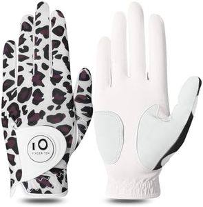FINGER TEN Golf Gloves Women Left Right Hand Leather with Ball Marker Value Pack, Colored Glove for Ladies Right Left Handed Golfer All Weather Grip (Full-Leopard, Small, Left)