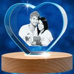 Crystal Photo Personalized, Customized Pictures Etched Engraved in Glass Photo Heart Shape with LED Light Wood Base, Custom Family Photo Crystal Unique Memorial Gift for Her, Him, Mom, Dad