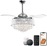 Parrot Uncle Smart Ceiling Fans with Lights Work with Alexa Crystal Chandelier Ceiling Fan with Light for Bedroom, 3 Retractable Blades, 42 Inch, Chrome, Compatible with Alexa